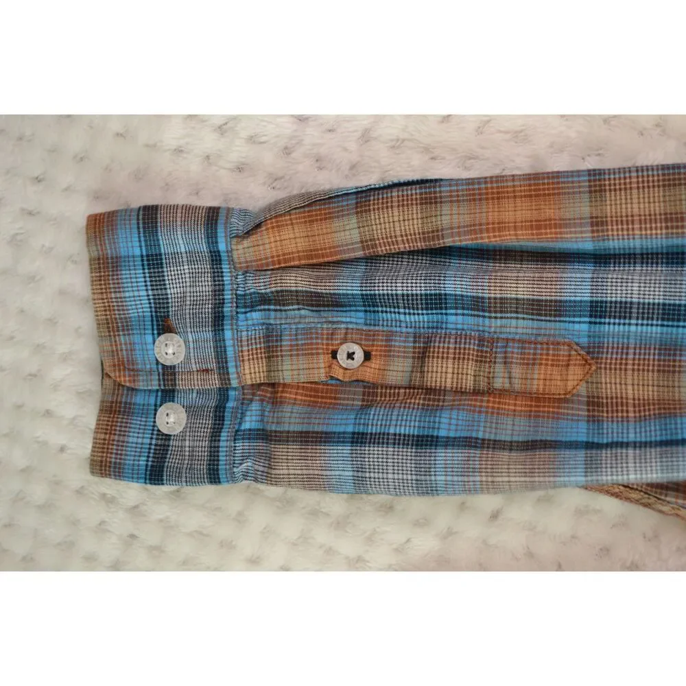 Cinch Boys XL (14) Shirt Blue Orange Plaid Western Button Up